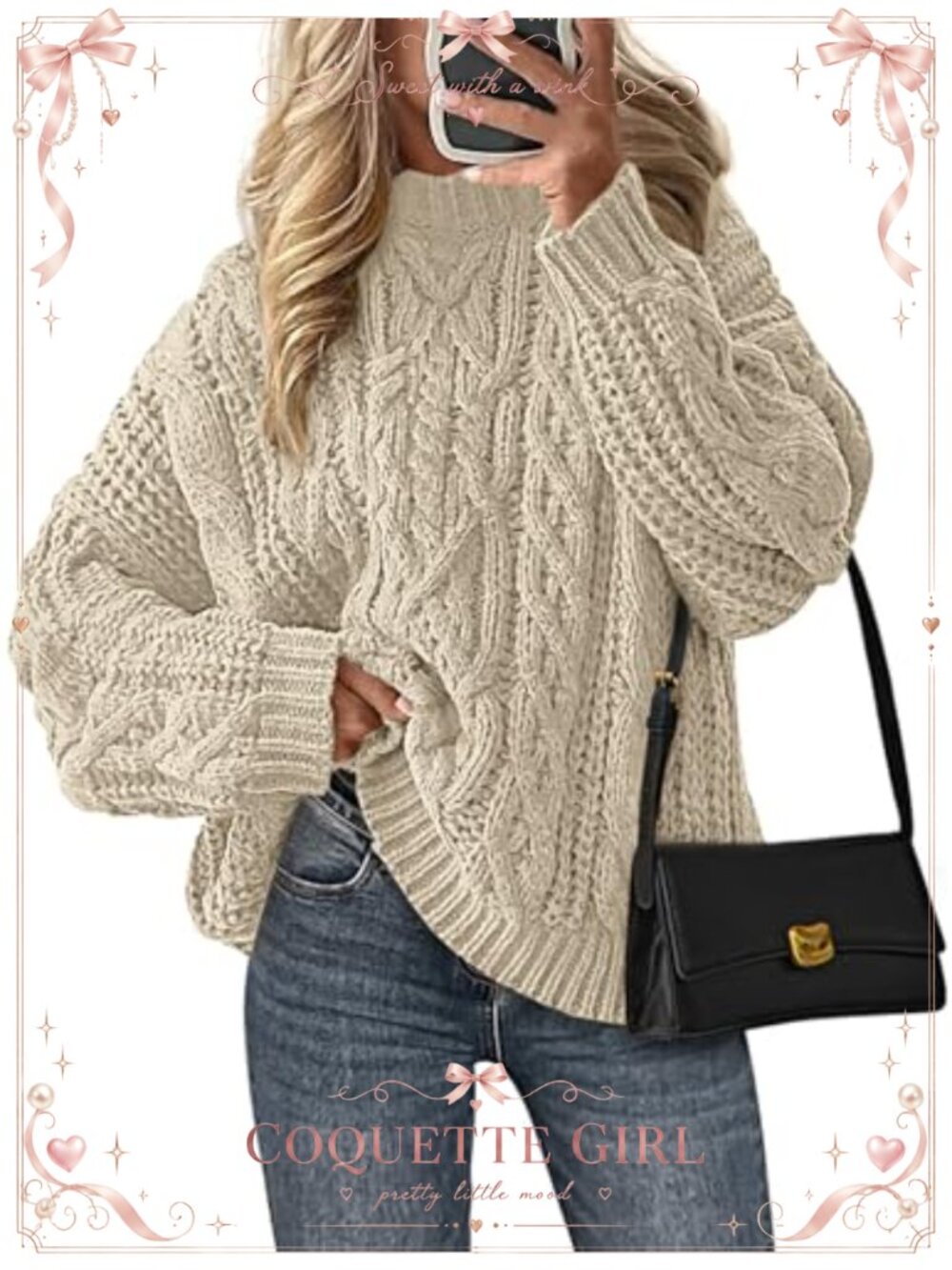 Oversized Chunky Cable Knit Pullover Sweater Crew Neck Long Sleeve